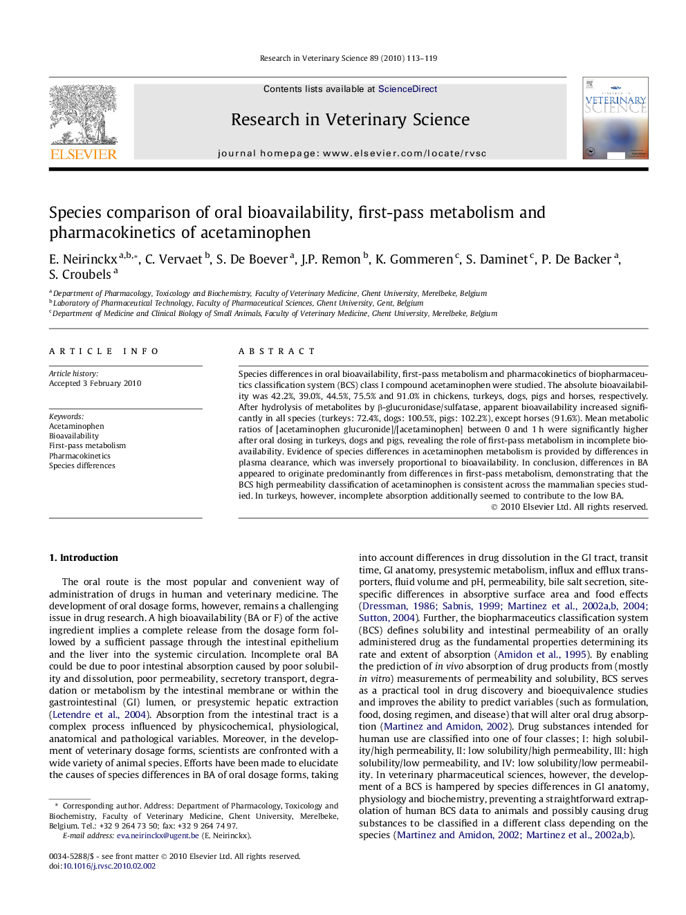 Species comparison of oral bioavailability, first-pass metabolism and pharmacokinetics of acetaminophen