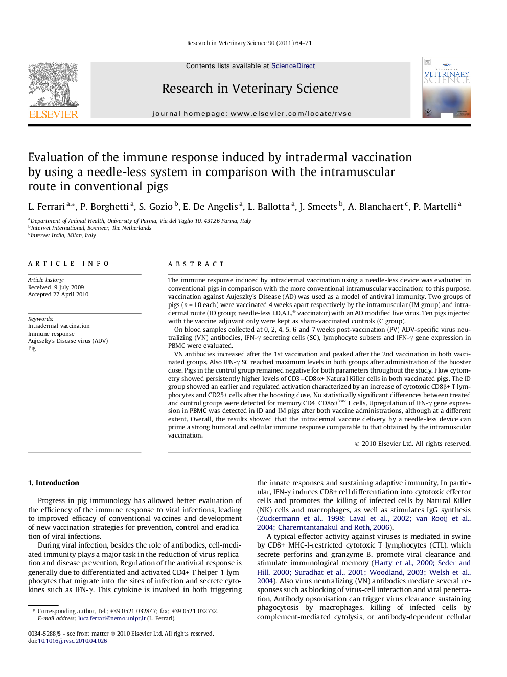 Evaluation of the immune response induced by intradermal vaccination by using a needle-less system in comparison with the intramuscular route in conventional pigs