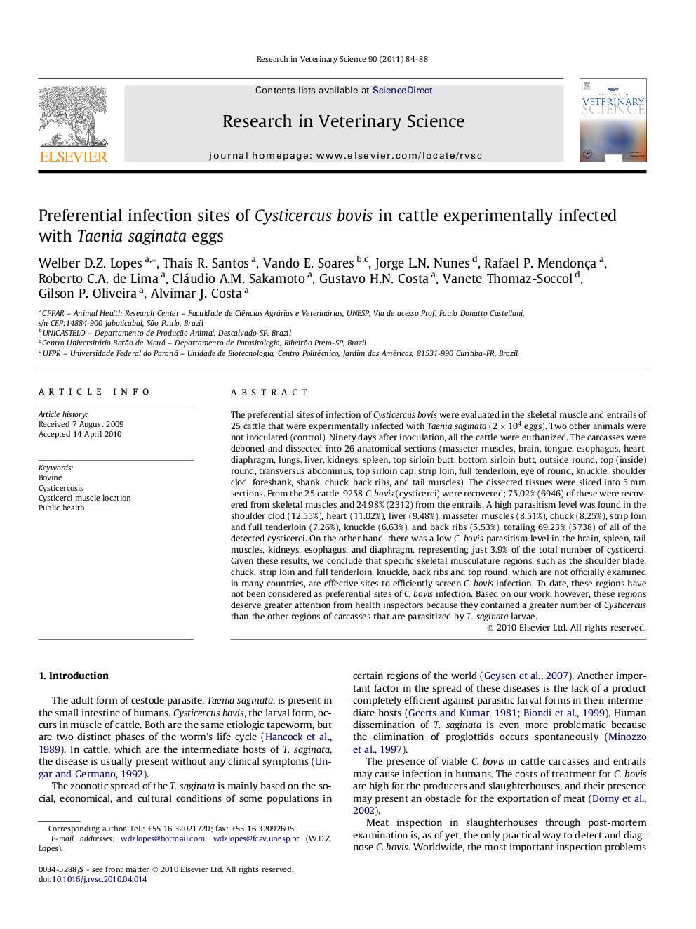 Preferential infection sites of Cysticercus bovis in cattle experimentally infected with Taenia saginata eggs