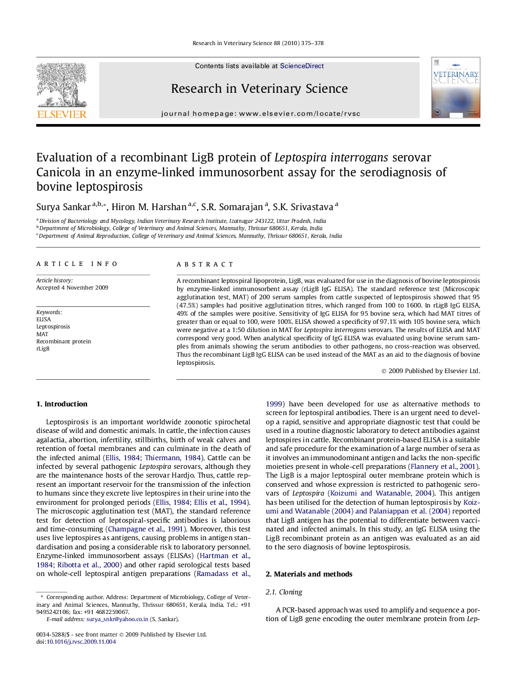 Evaluation of a recombinant LigB protein of Leptospira interrogans serovar Canicola in an enzyme-linked immunosorbent assay for the serodiagnosis of bovine leptospirosis