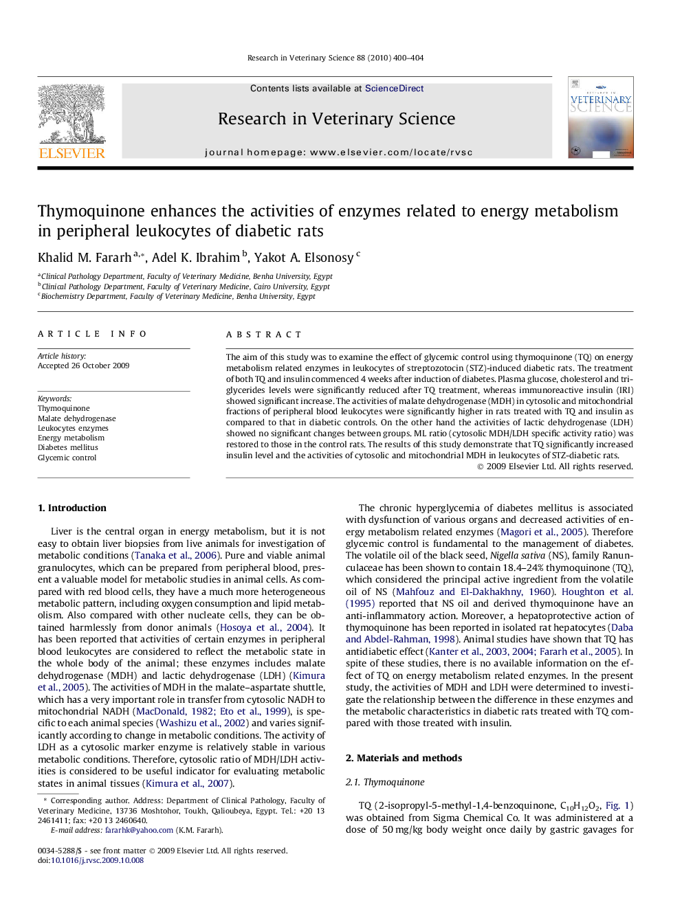 Thymoquinone enhances the activities of enzymes related to energy metabolism in peripheral leukocytes of diabetic rats