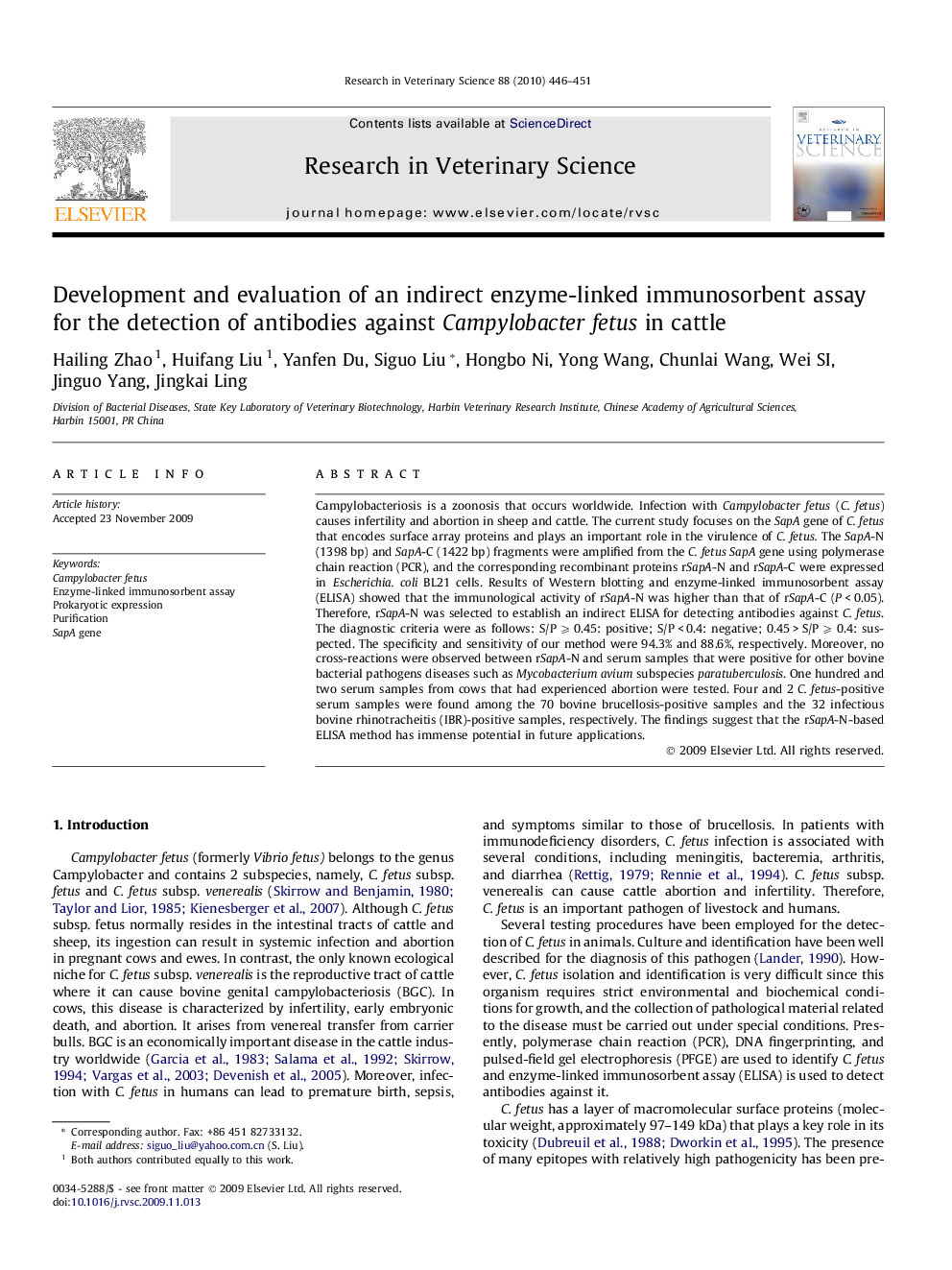 Development and evaluation of an indirect enzyme-linked immunosorbent assay for the detection of antibodies against Campylobacter fetus in cattle