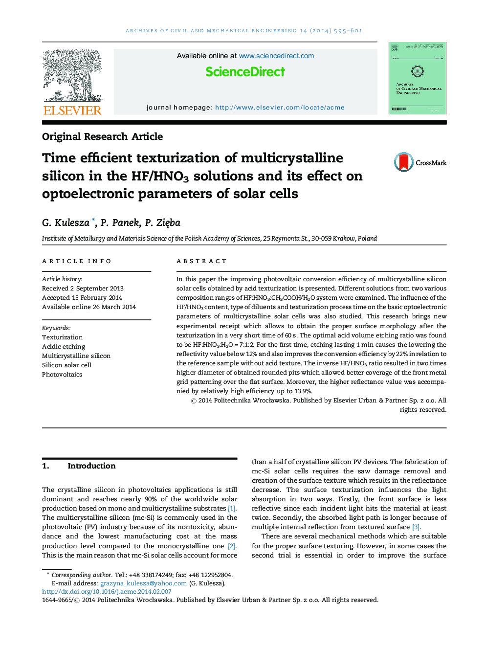 Time efficient texturization of multicrystalline silicon in the HF/HNO3 solutions and its effect on optoelectronic parameters of solar cells