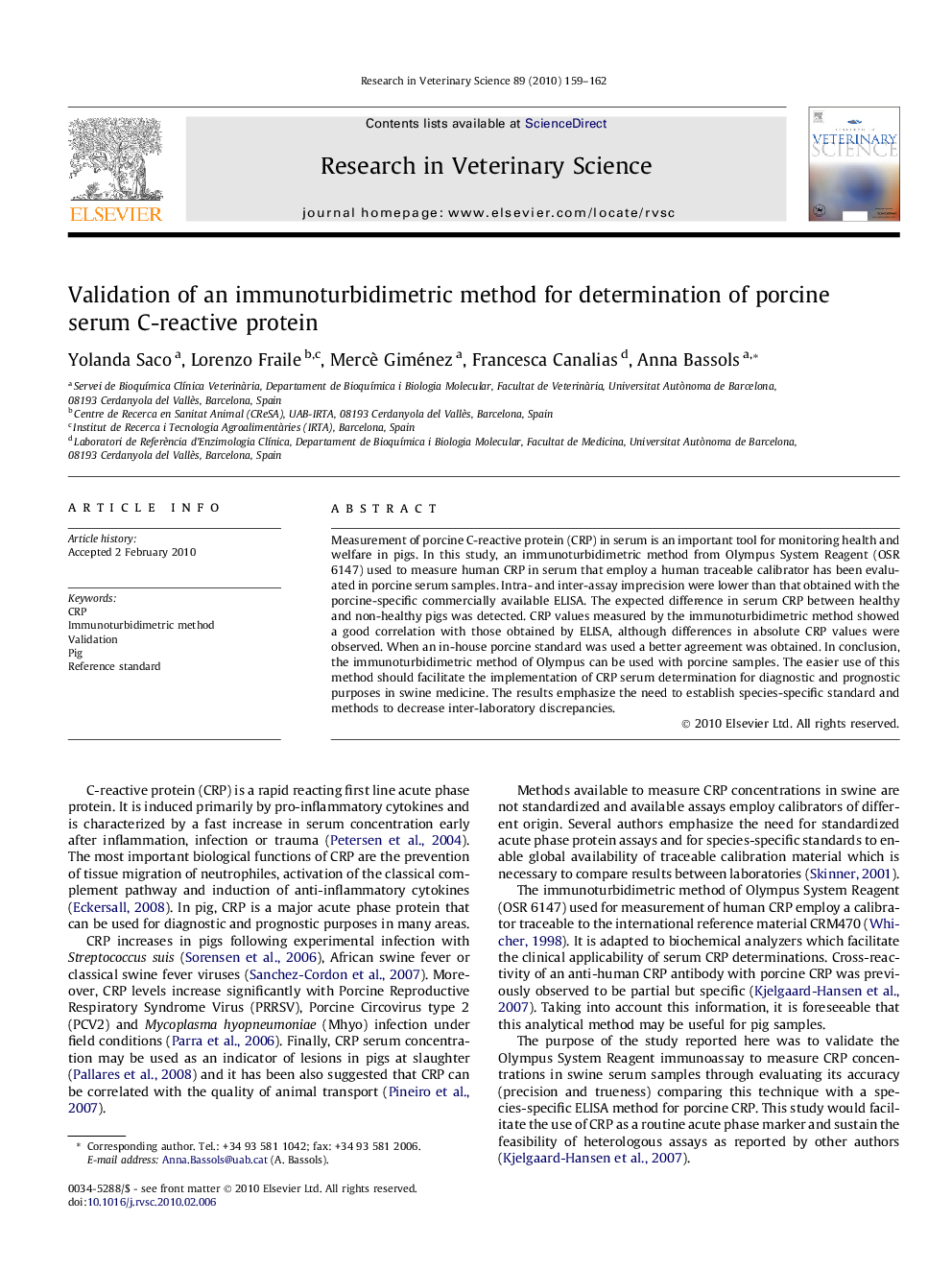 Validation of an immunoturbidimetric method for determination of porcine serum C-reactive protein