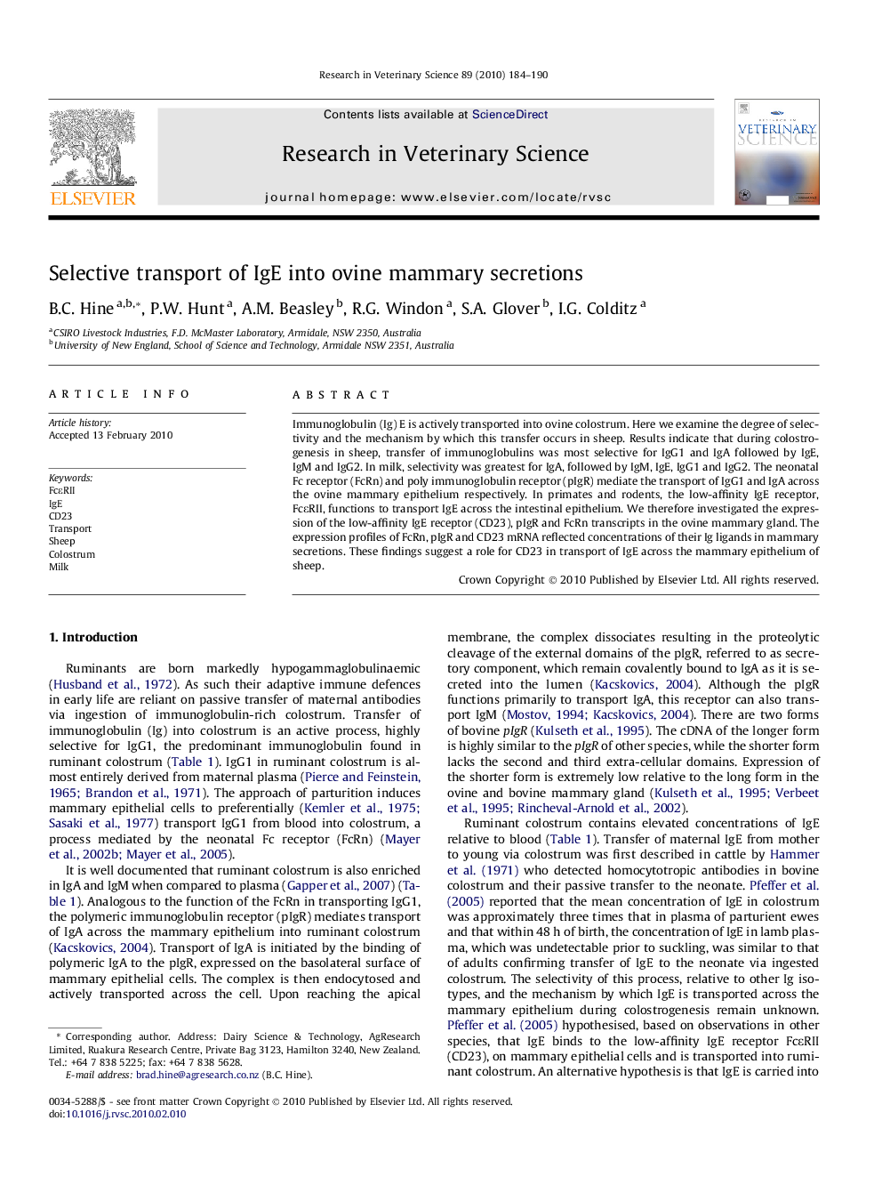 Selective transport of IgE into ovine mammary secretions