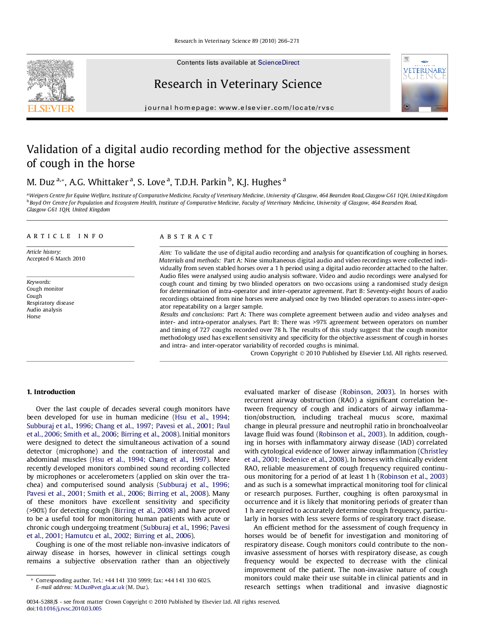 Validation of a digital audio recording method for the objective assessment of cough in the horse