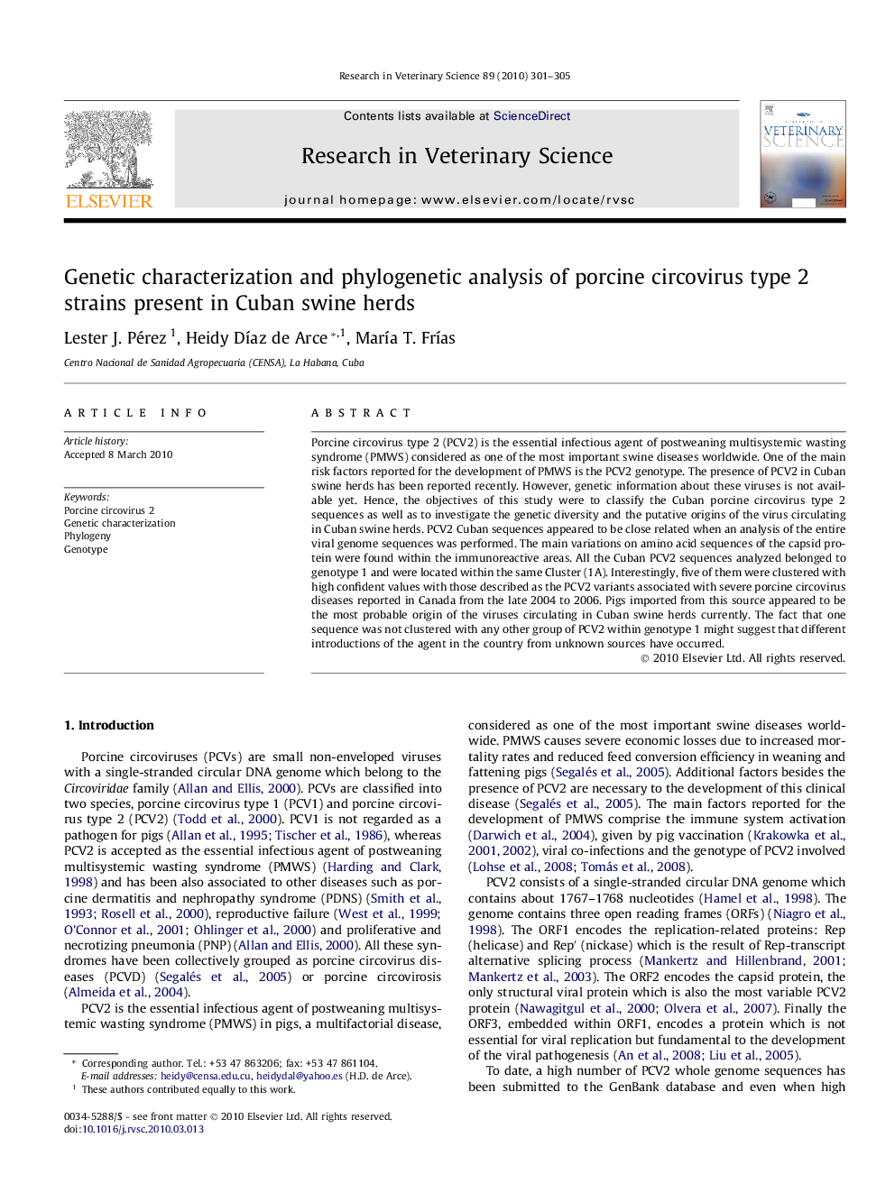 Genetic characterization and phylogenetic analysis of porcine circovirus type 2 strains present in Cuban swine herds