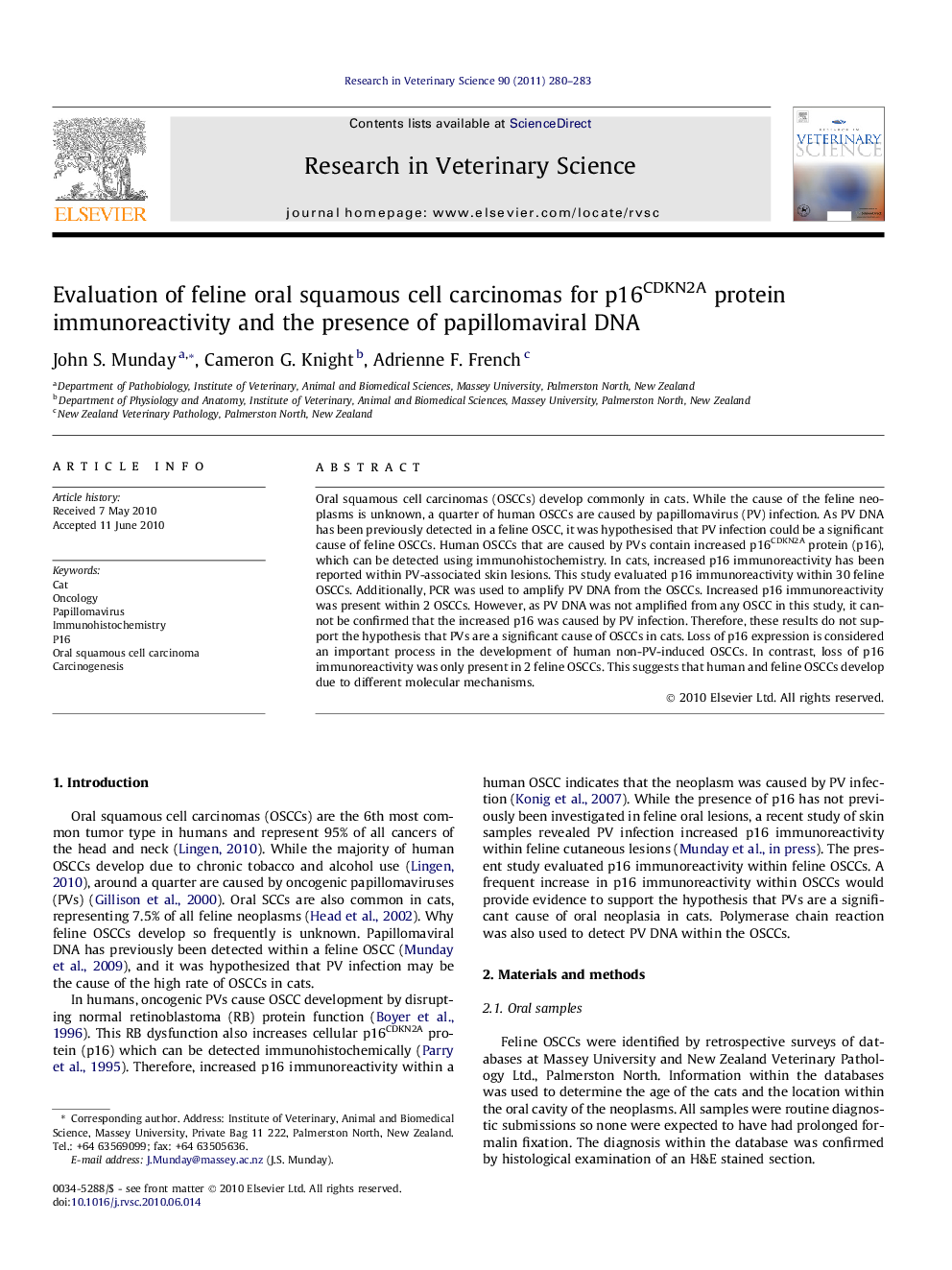 Evaluation of feline oral squamous cell carcinomas for p16CDKN2A protein immunoreactivity and the presence of papillomaviral DNA