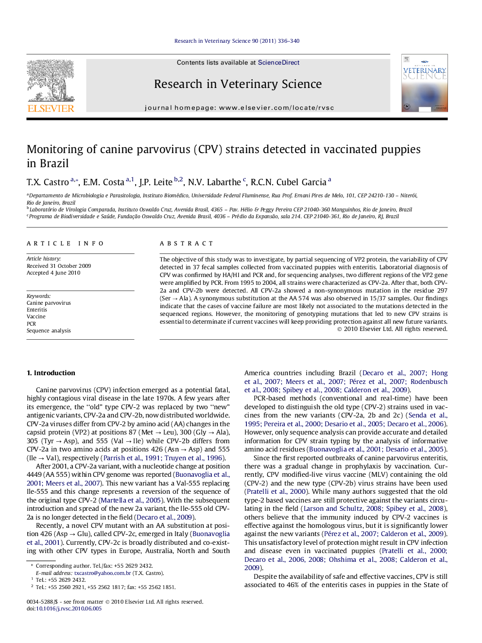 Monitoring of canine parvovirus (CPV) strains detected in vaccinated puppies in Brazil