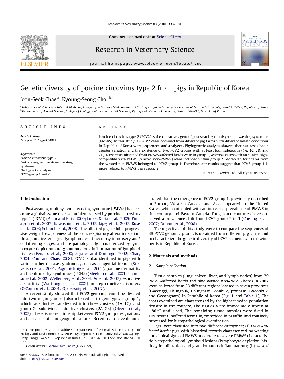 Genetic diversity of porcine circovirus type 2 from pigs in Republic of Korea