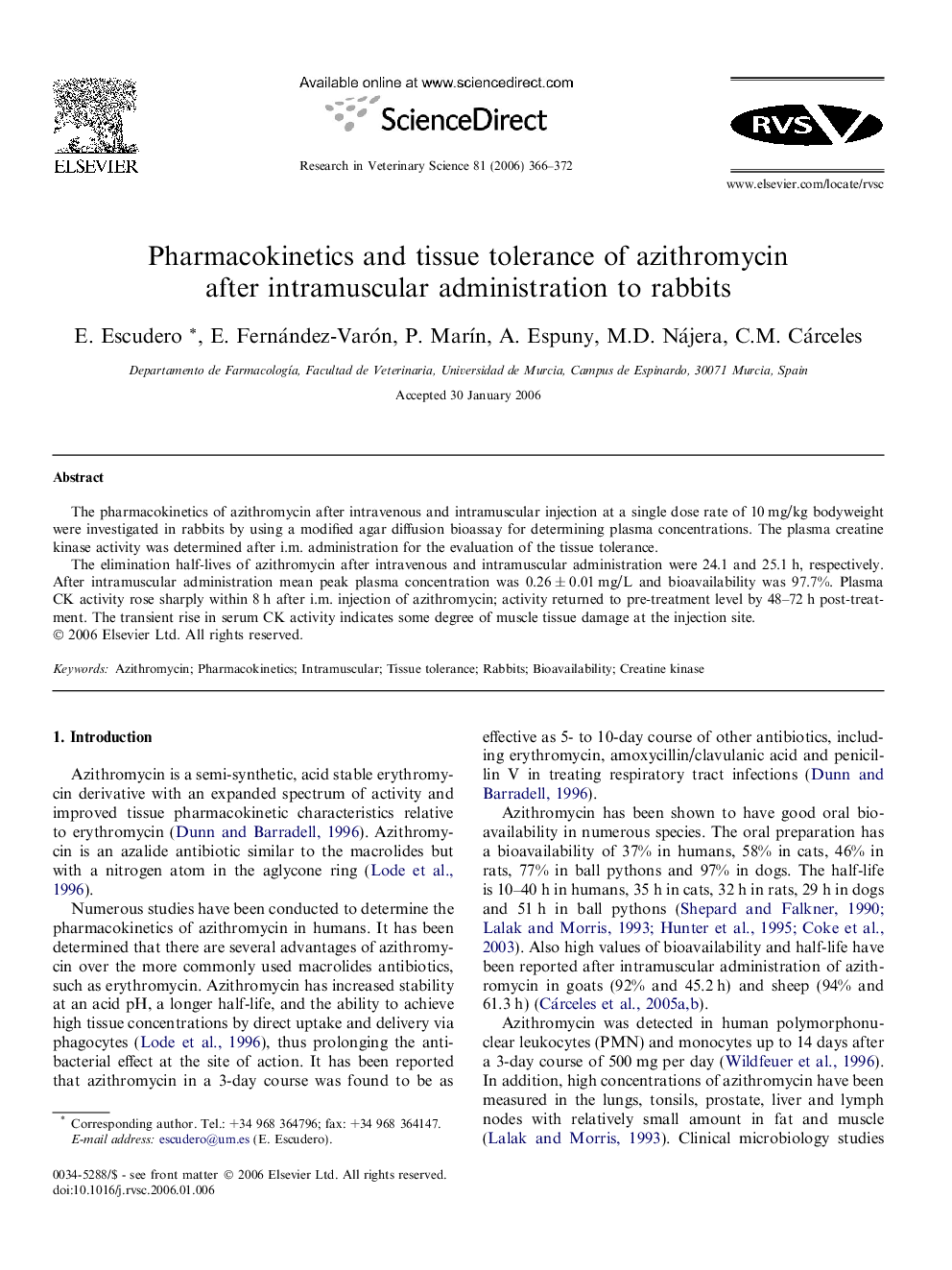 Pharmacokinetics and tissue tolerance of azithromycin after intramuscular administration to rabbits