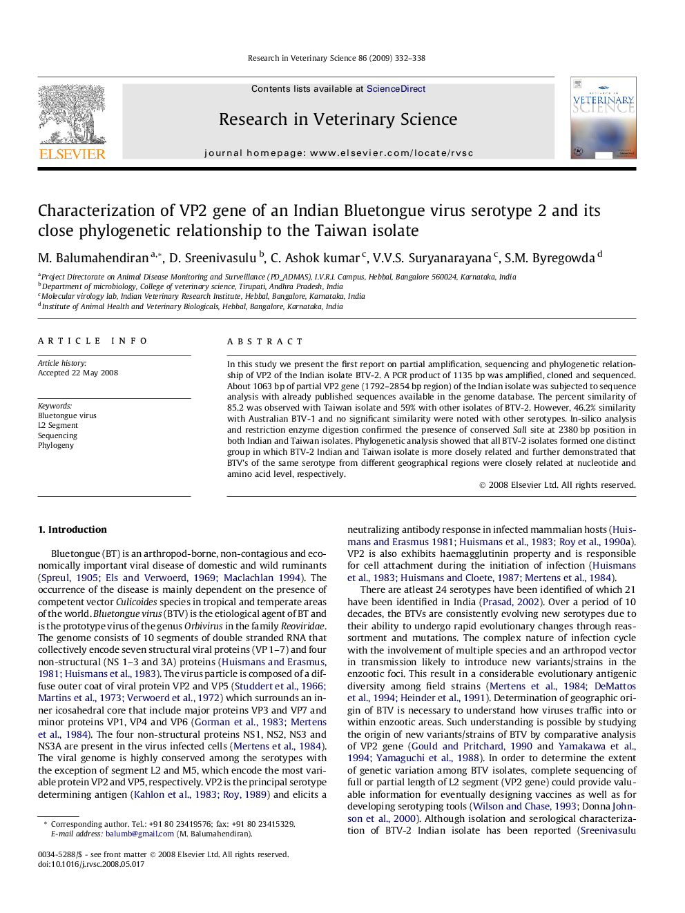 Characterization of VP2 gene of an Indian Bluetongue virus serotype 2 and its close phylogenetic relationship to the Taiwan isolate