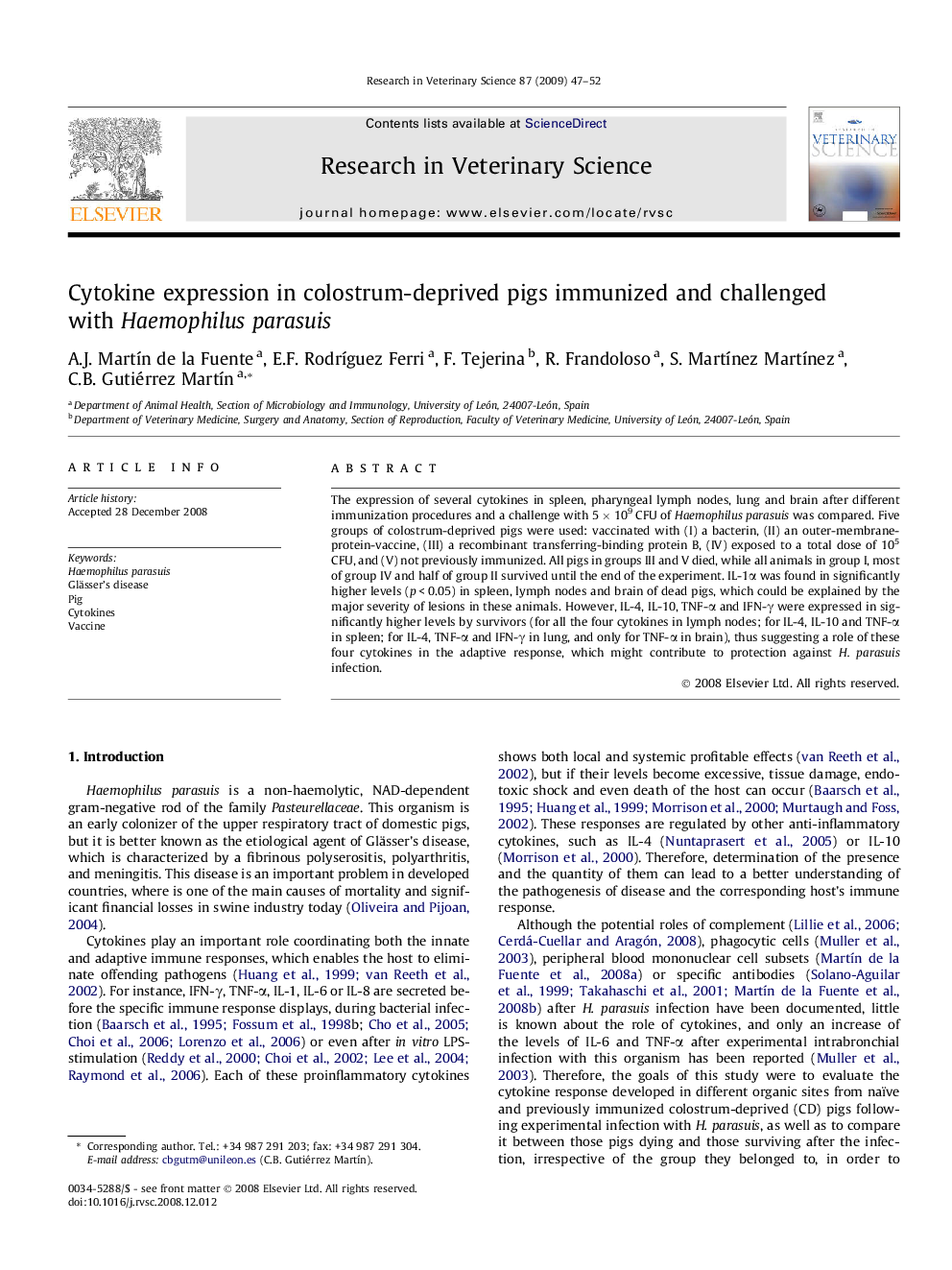 Cytokine expression in colostrum-deprived pigs immunized and challenged with Haemophilus parasuis