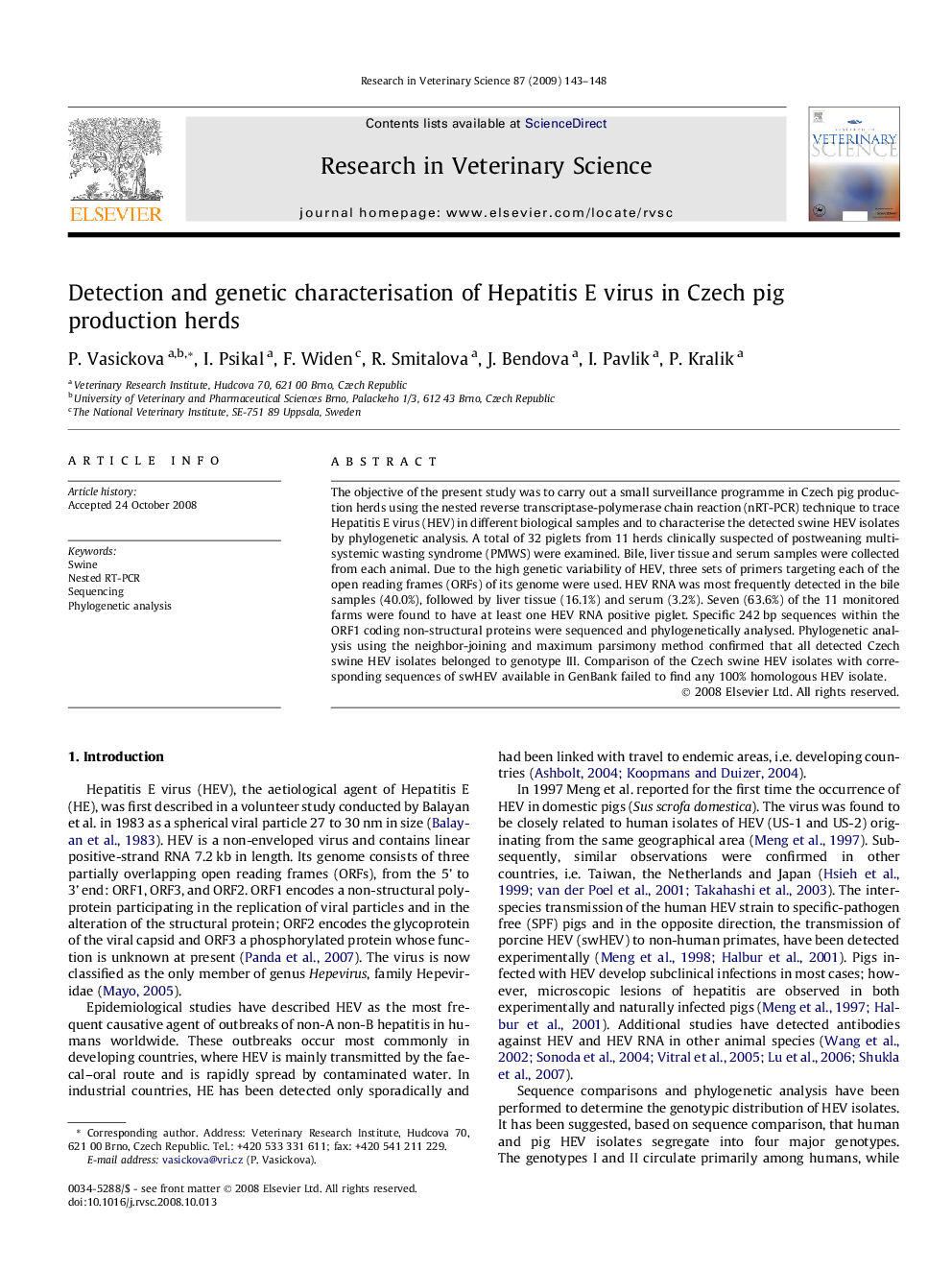 Detection and genetic characterisation of Hepatitis E virus in Czech pig production herds