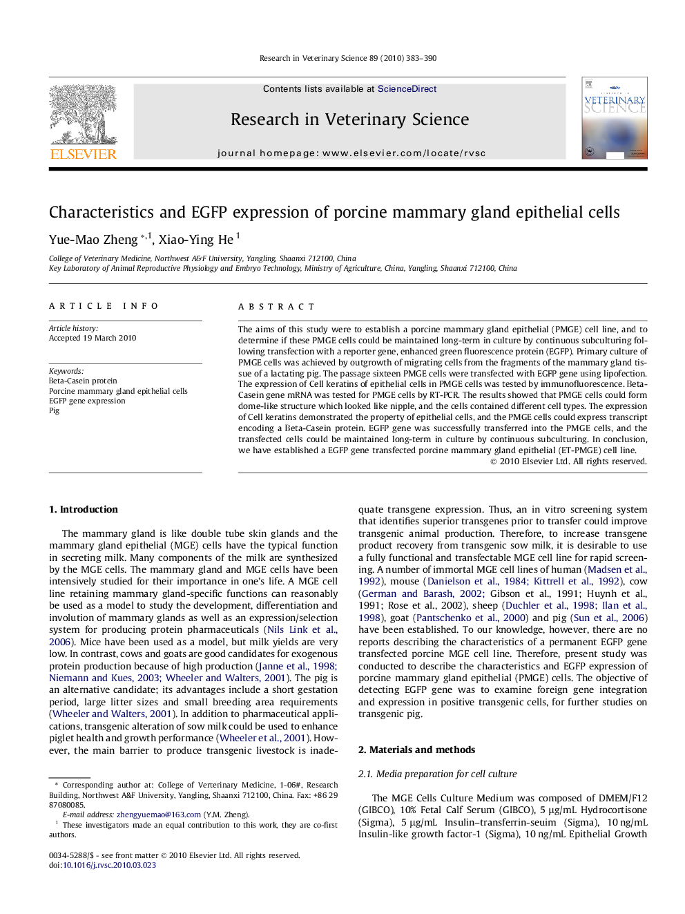 Characteristics and EGFP expression of porcine mammary gland epithelial cells