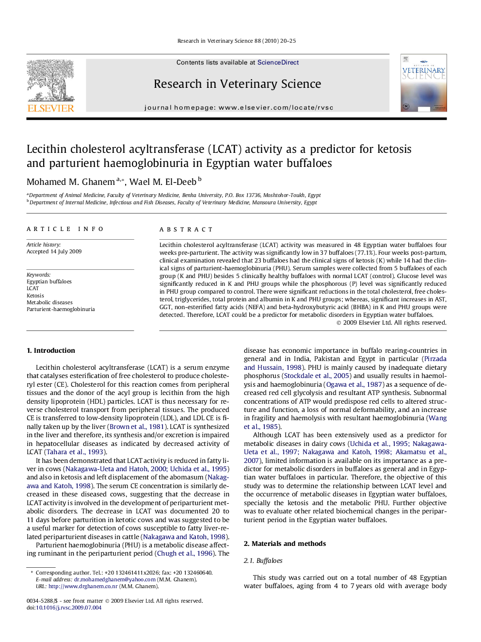 Lecithin cholesterol acyltransferase (LCAT) activity as a predictor for ketosis and parturient haemoglobinuria in Egyptian water buffaloes