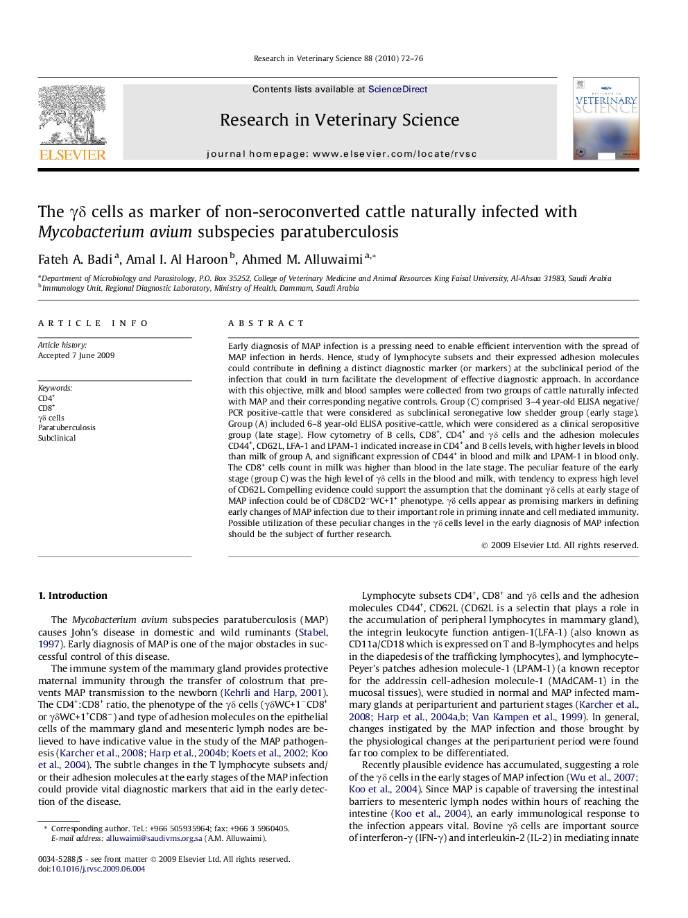 The γδ cells as marker of non-seroconverted cattle naturally infected with Mycobacterium avium subspecies paratuberculosis