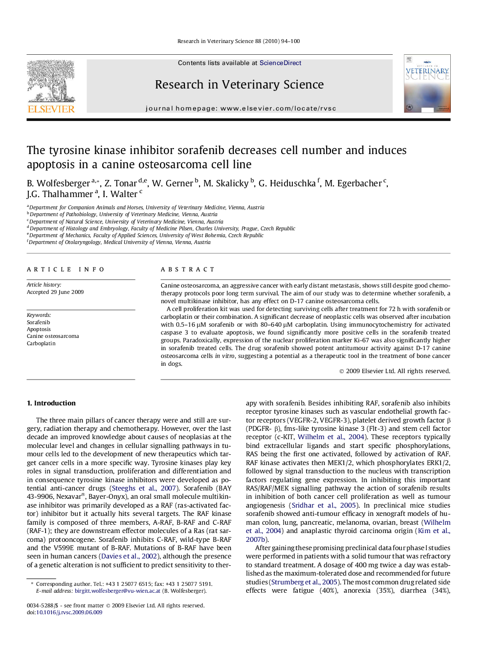 The tyrosine kinase inhibitor sorafenib decreases cell number and induces apoptosis in a canine osteosarcoma cell line