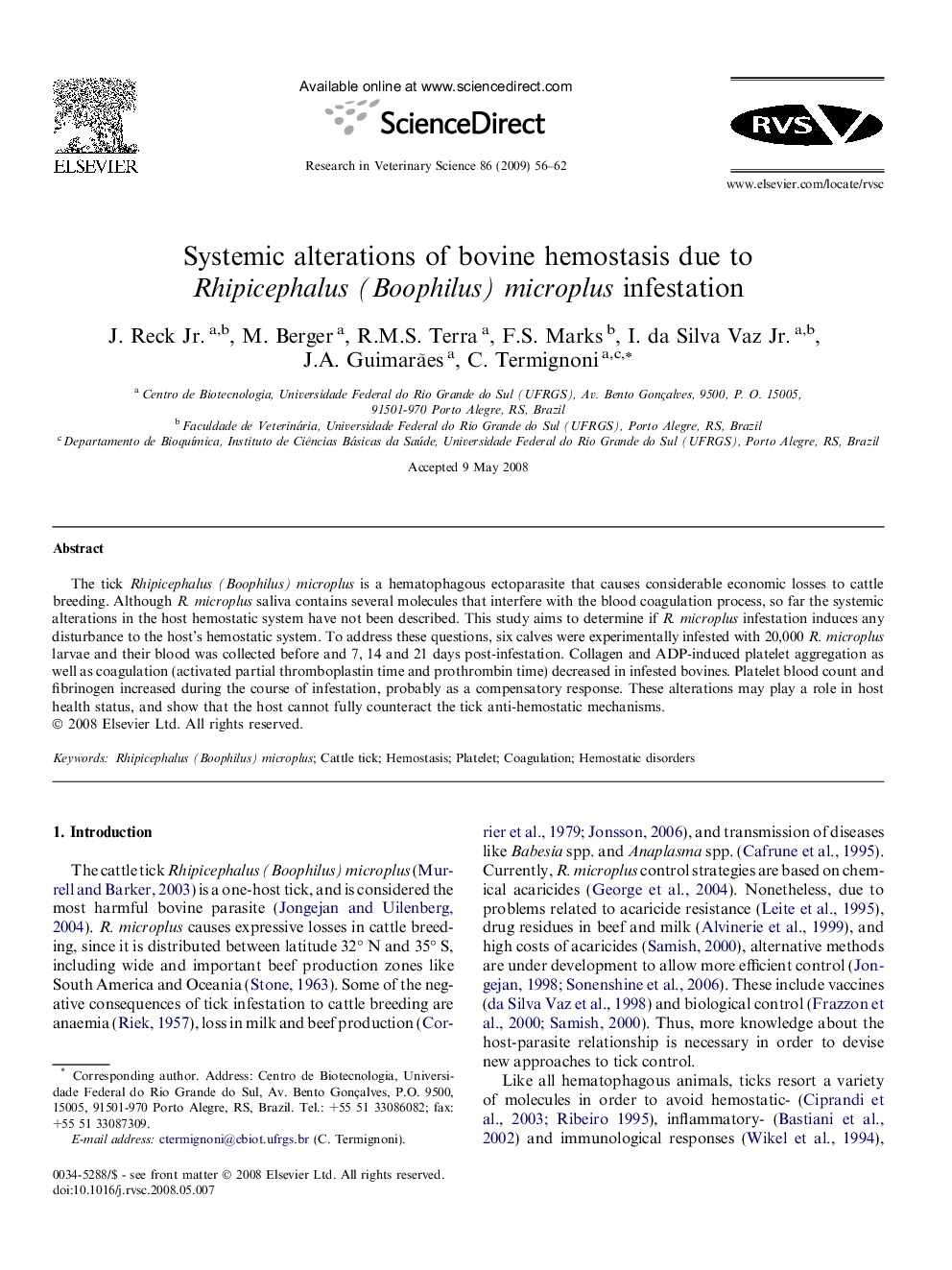 Systemic alterations of bovine hemostasis due to Rhipicephalus (Boophilus) microplus infestation