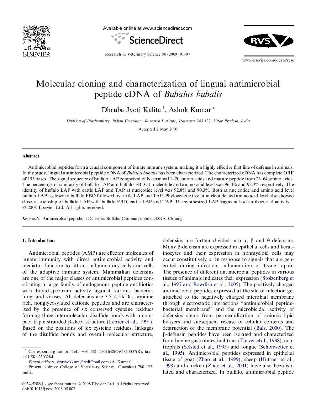 Molecular cloning and characterization of lingual antimicrobial peptide cDNA of Bubalus bubalis