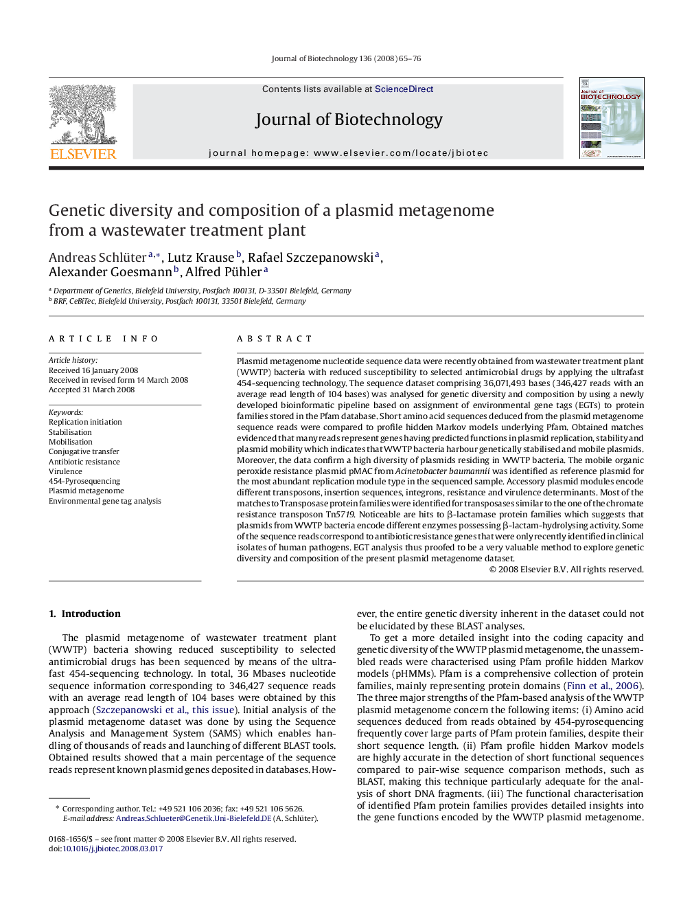 Genetic diversity and composition of a plasmid metagenome from a wastewater treatment plant