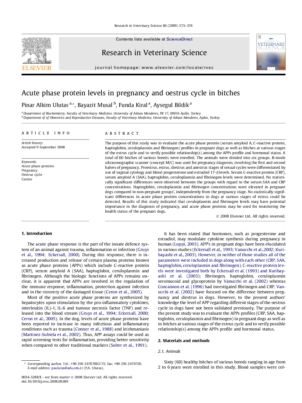 Acute phase protein levels in pregnancy and oestrus cycle in bitches