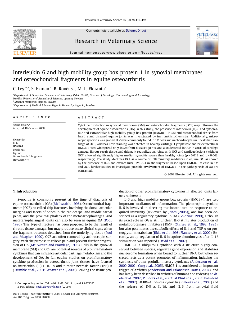 Interleukin-6 and high mobility group box protein-1 in synovial membranes and osteochondral fragments in equine osteoarthritis