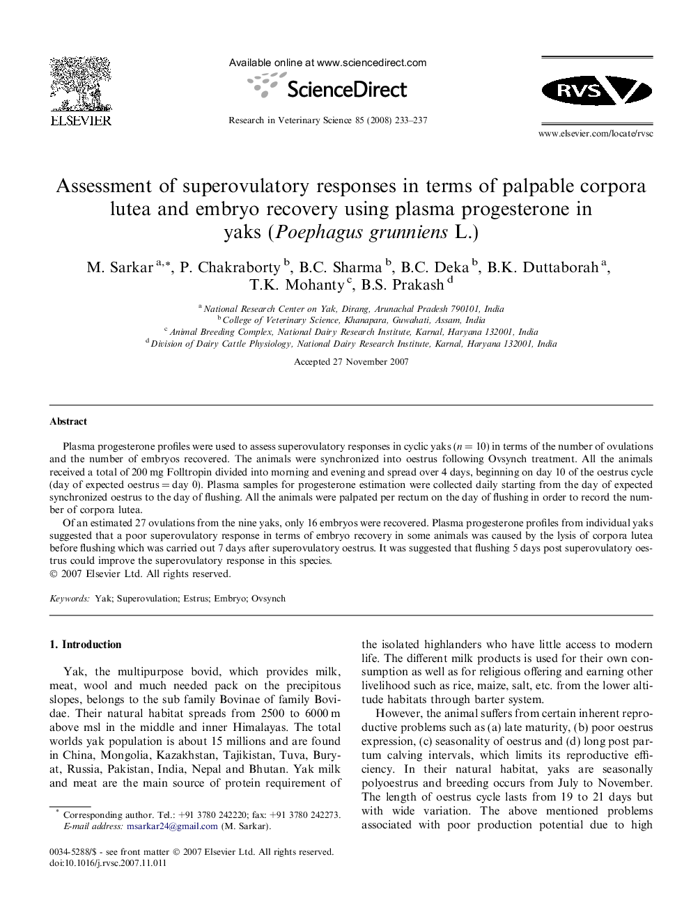 Assessment of superovulatory responses in terms of palpable corpora lutea and embryo recovery using plasma progesterone in yaks (Poephagus grunniens L.)