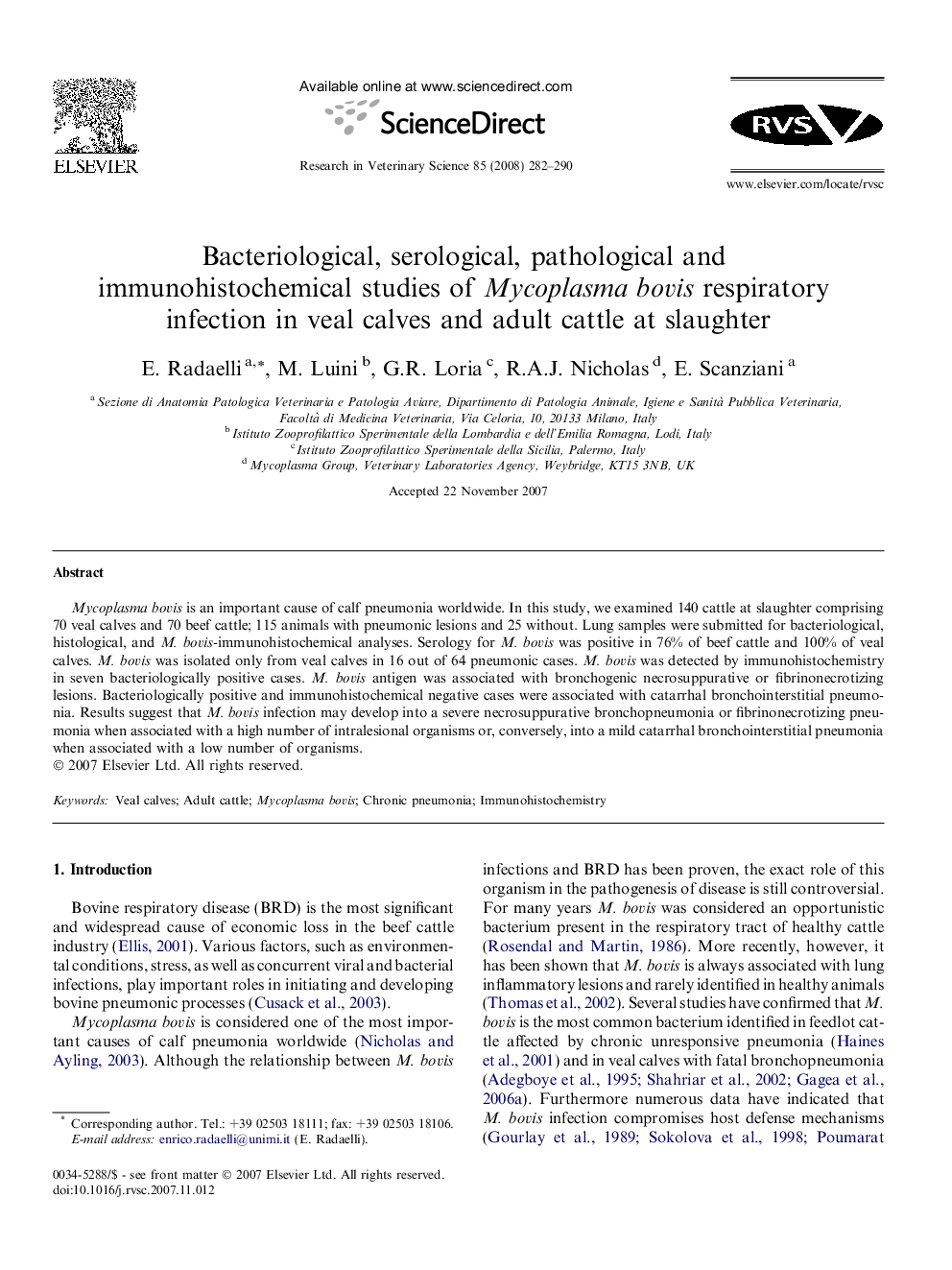 Bacteriological, serological, pathological and immunohistochemical studies of Mycoplasma bovis respiratory infection in veal calves and adult cattle at slaughter