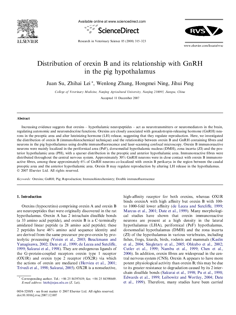 Distribution of orexin B and its relationship with GnRH in the pig hypothalamus