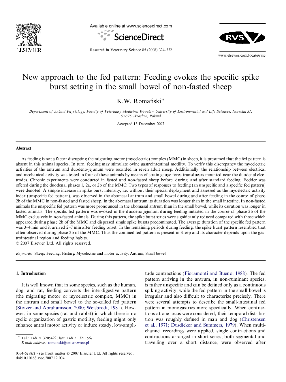 New approach to the fed pattern: Feeding evokes the specific spike burst setting in the small bowel of non-fasted sheep