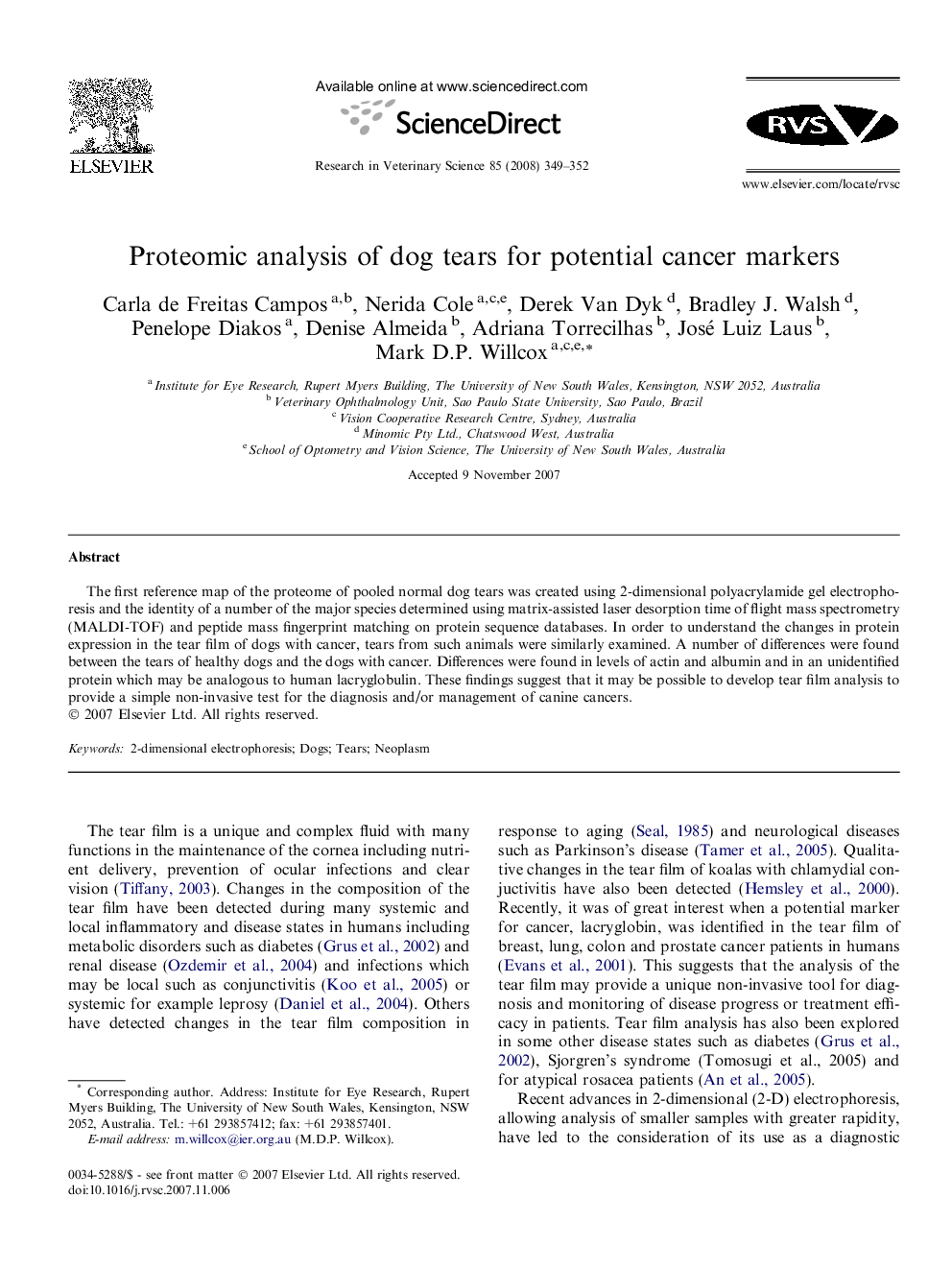 Proteomic analysis of dog tears for potential cancer markers