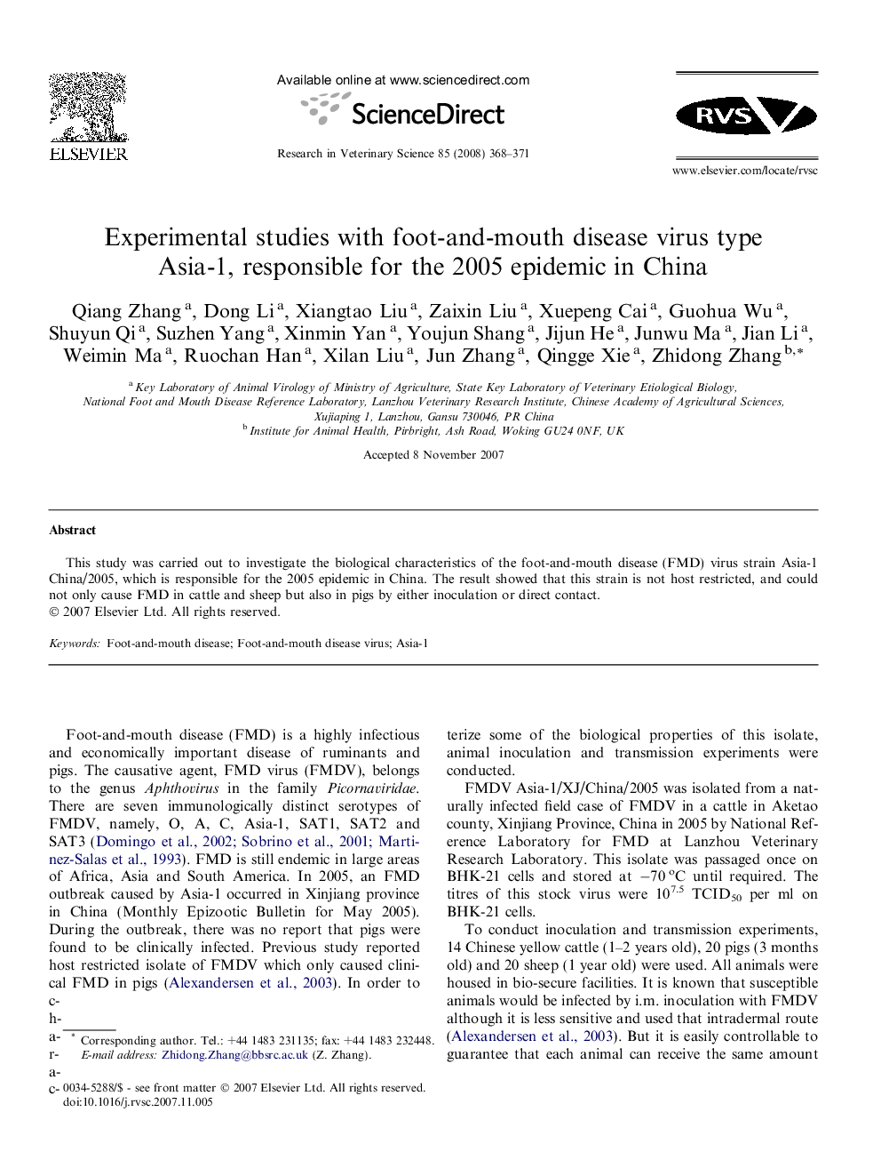 Experimental studies with foot-and-mouth disease virus type Asia-1, responsible for the 2005 epidemic in China