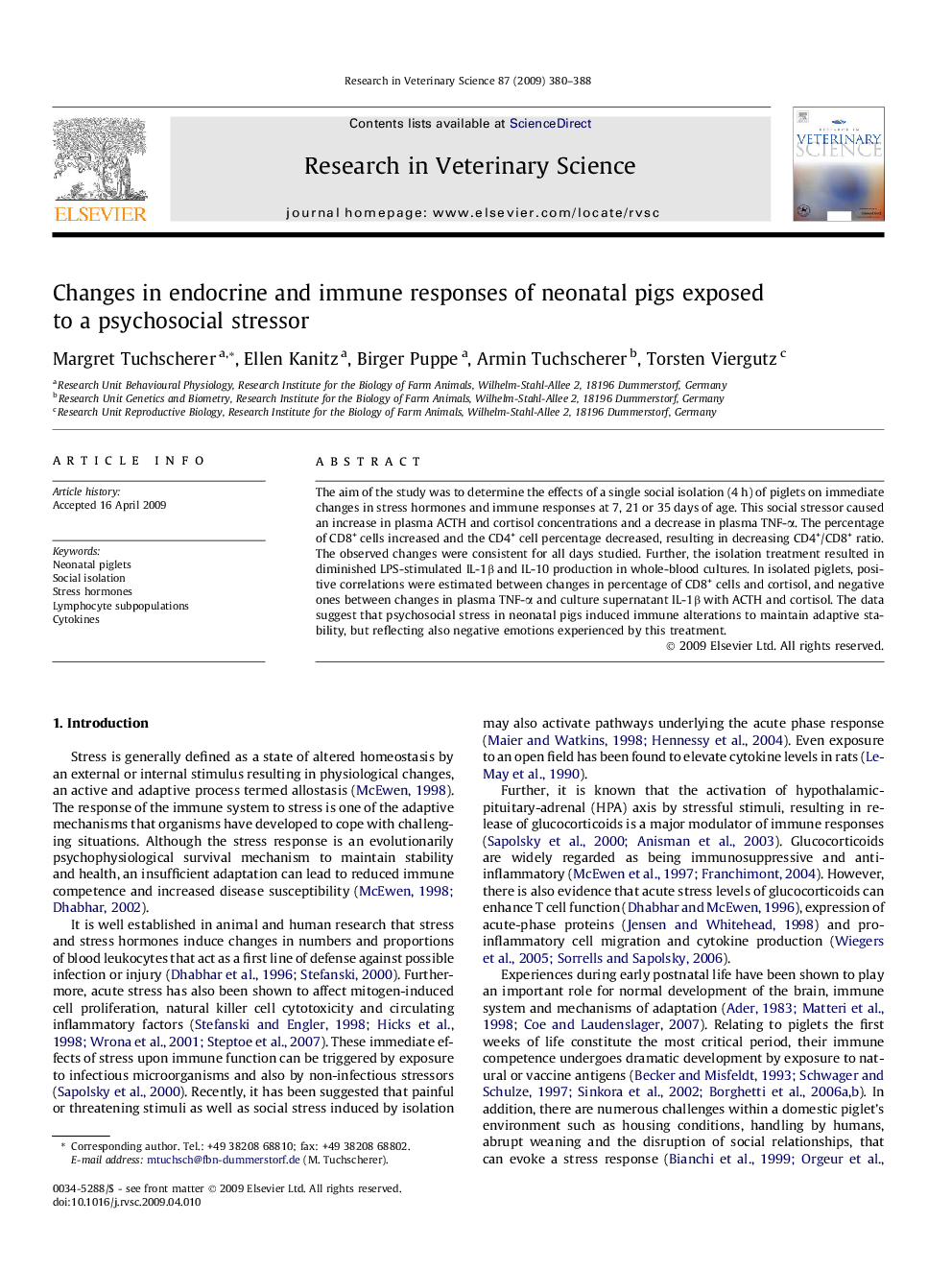 Changes in endocrine and immune responses of neonatal pigs exposed to a psychosocial stressor