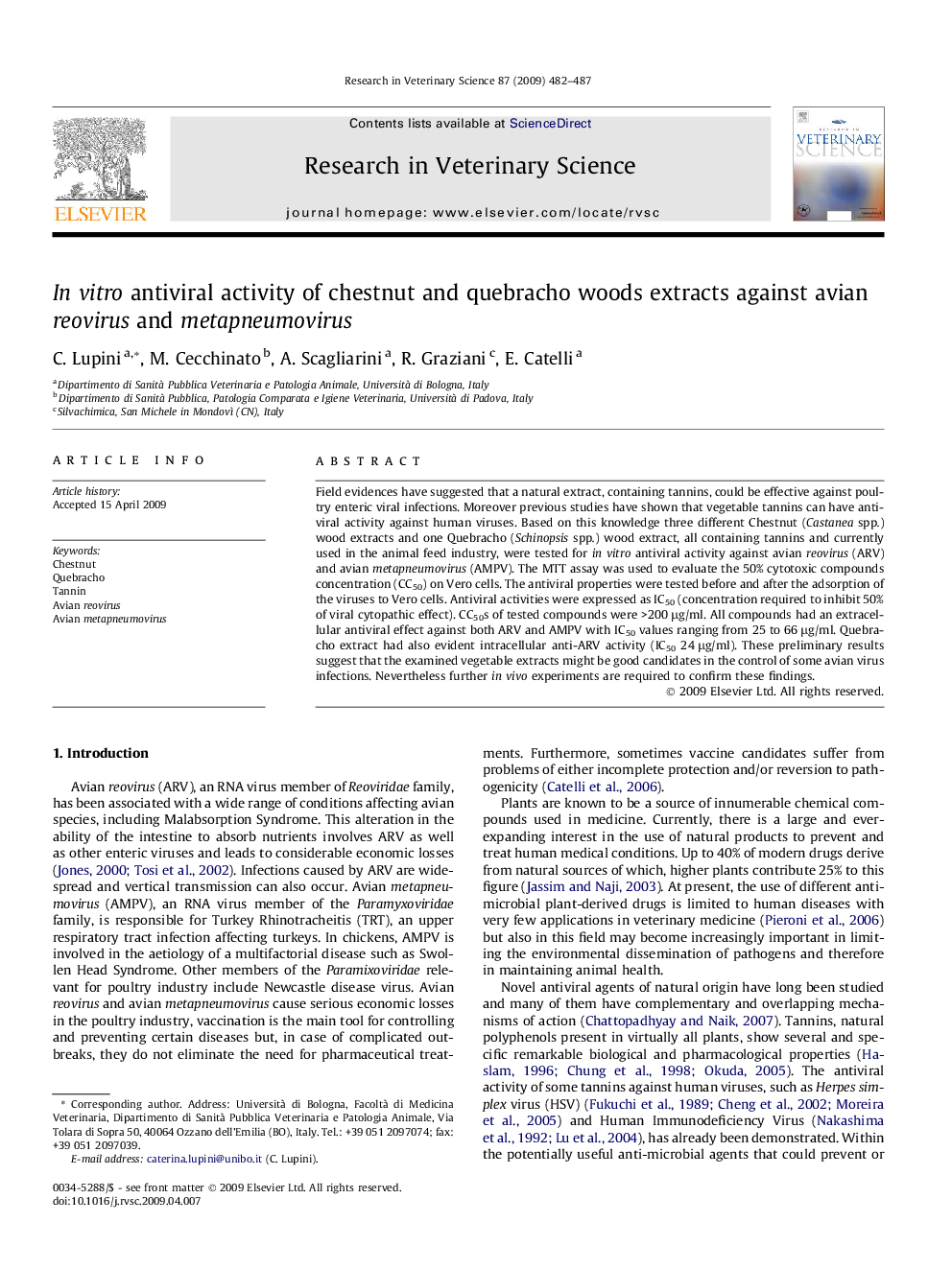 In vitro antiviral activity of chestnut and quebracho woods extracts against avian reovirus and metapneumovirus