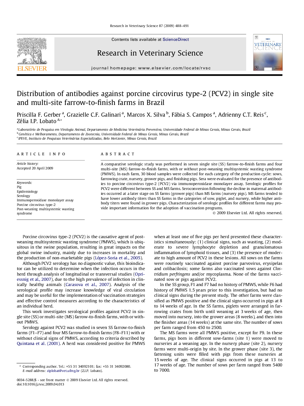 Distribution of antibodies against porcine circovirus type-2 (PCV2) in single site and multi-site farrow-to-finish farms in Brazil