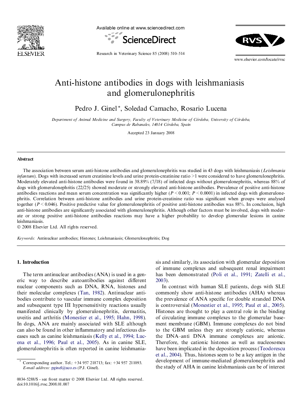 Anti-histone antibodies in dogs with leishmaniasis and glomerulonephritis