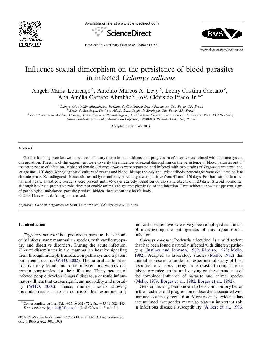 Influence sexual dimorphism on the persistence of blood parasites in infected Calomys callosus