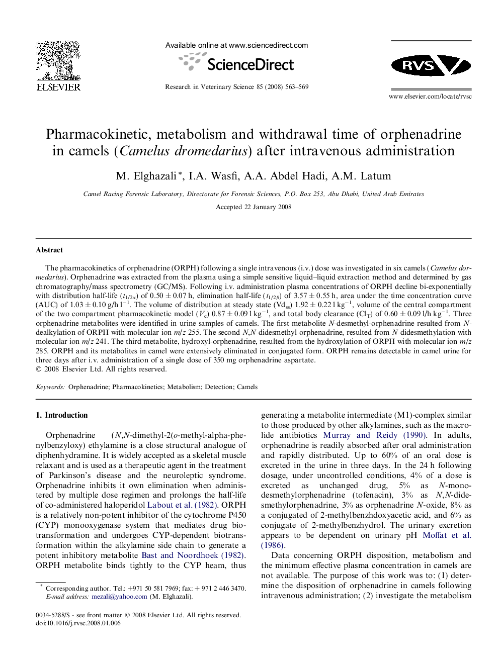 Pharmacokinetic, metabolism and withdrawal time of orphenadrine in camels (Camelus dromedarius) after intravenous administration