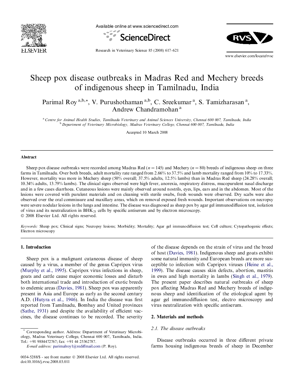 Sheep pox disease outbreaks in Madras Red and Mechery breeds of indigenous sheep in Tamilnadu, India