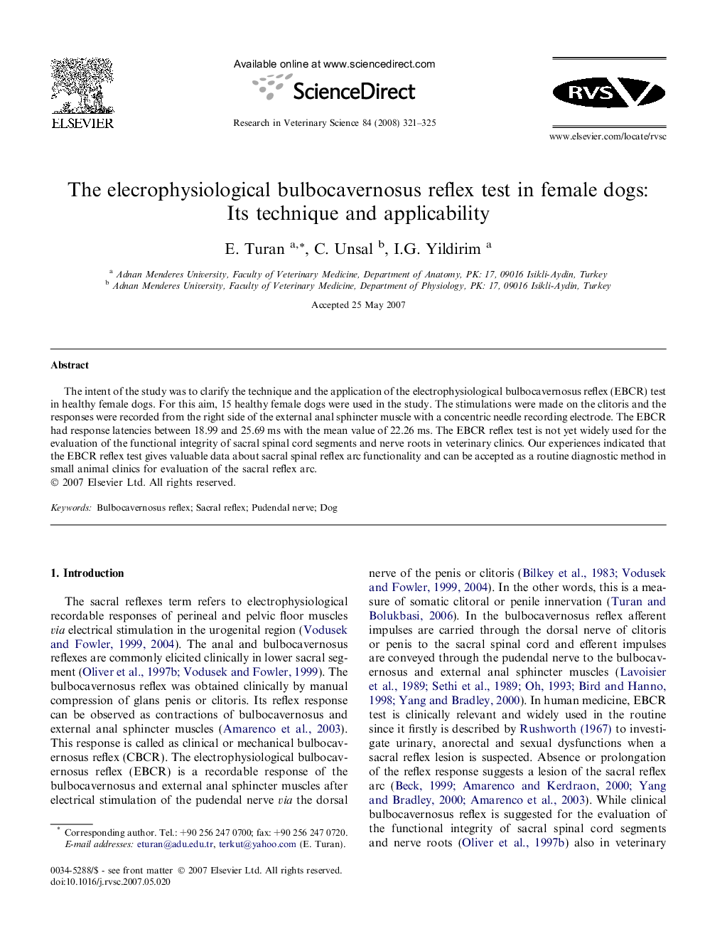 The elecrophysiological bulbocavernosus reflex test in female dogs: Its technique and applicability