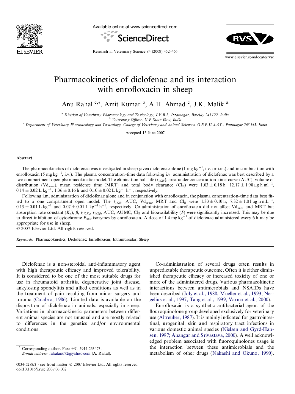 Pharmacokinetics of diclofenac and its interaction with enrofloxacin in sheep