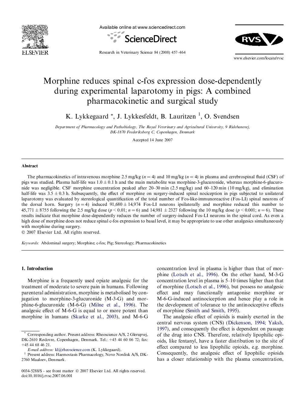 Morphine reduces spinal c-fos expression dose-dependently during experimental laparotomy in pigs: A combined pharmacokinetic and surgical study