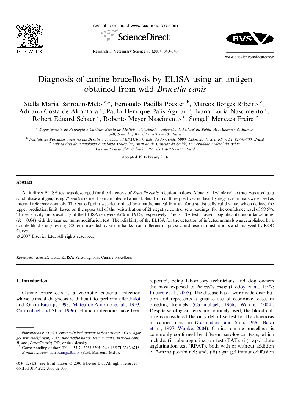 Diagnosis of canine brucellosis by ELISA using an antigen obtained from wild Brucella canis