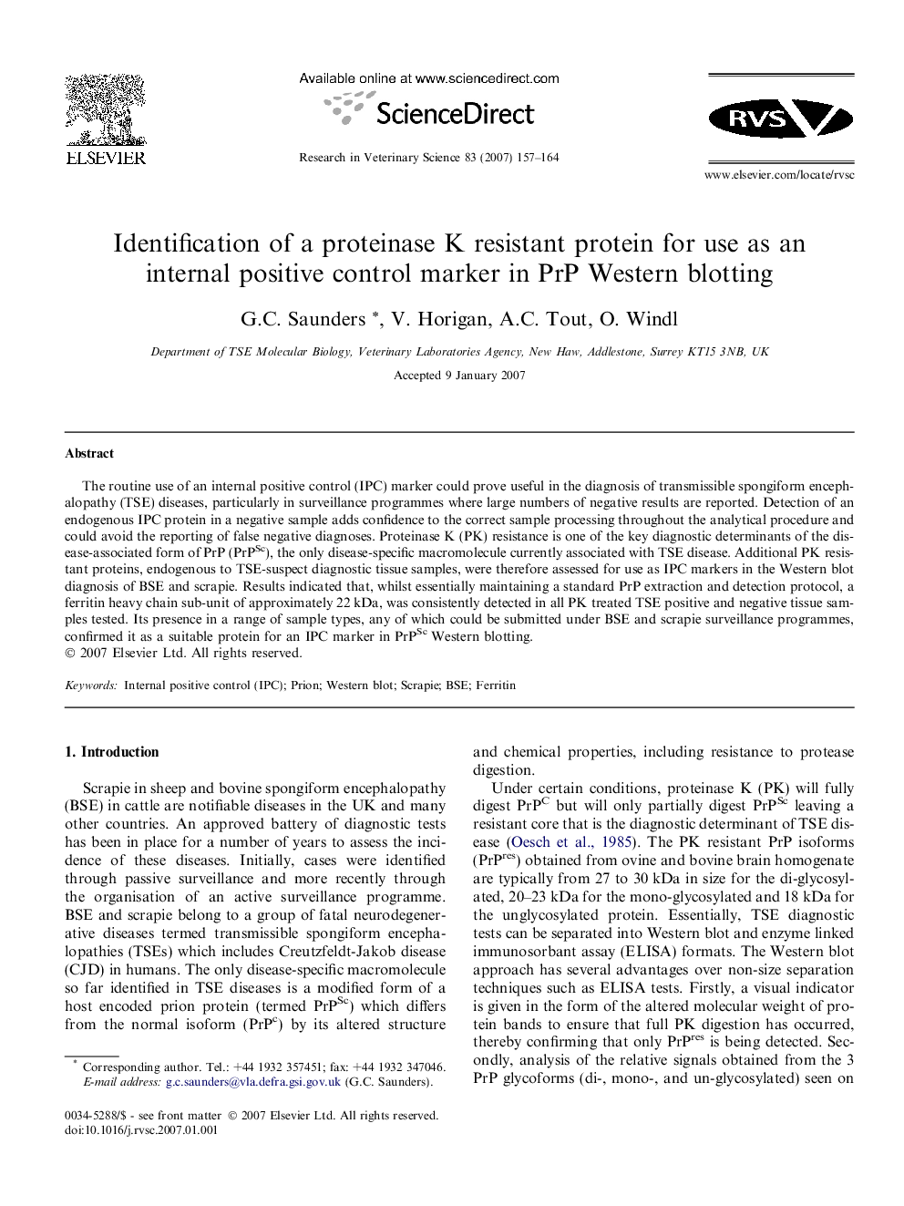 Identification of a proteinase K resistant protein for use as an internal positive control marker in PrP Western blotting