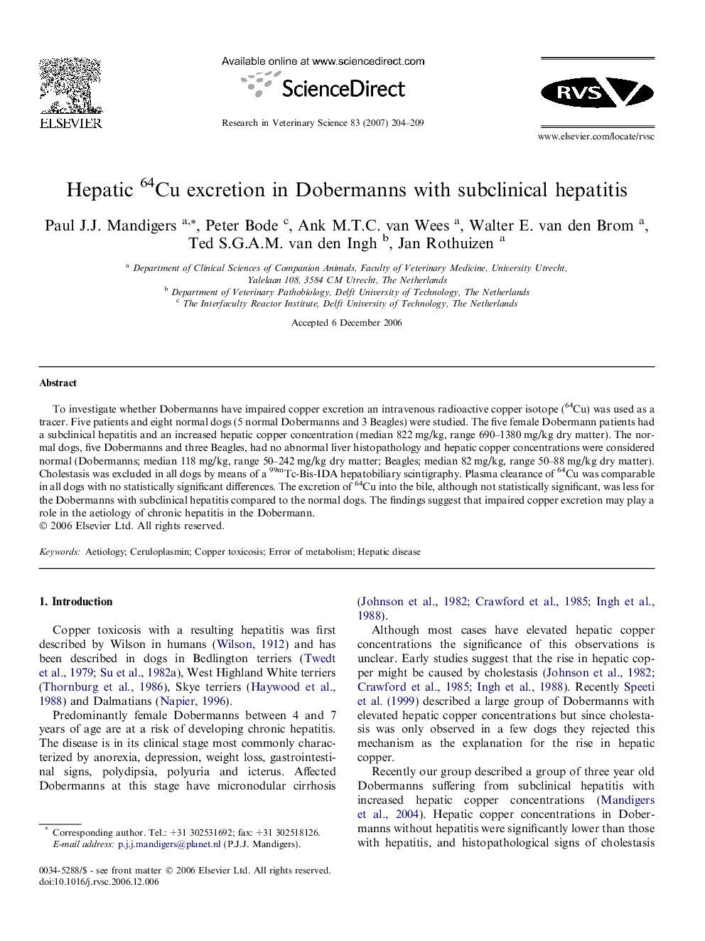 Hepatic 64Cu excretion in Dobermanns with subclinical hepatitis