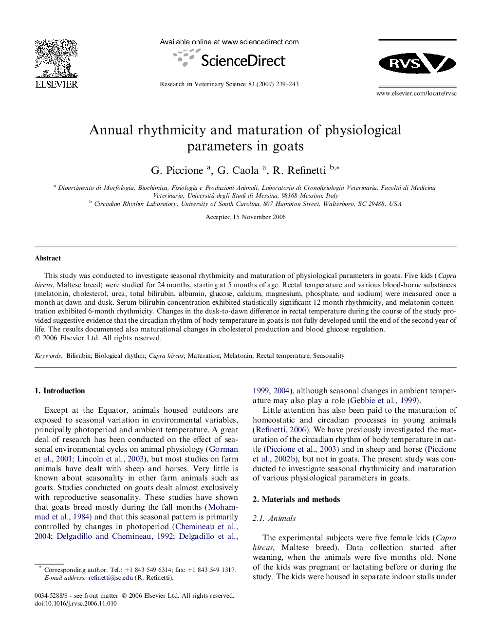 Annual rhythmicity and maturation of physiological parameters in goats