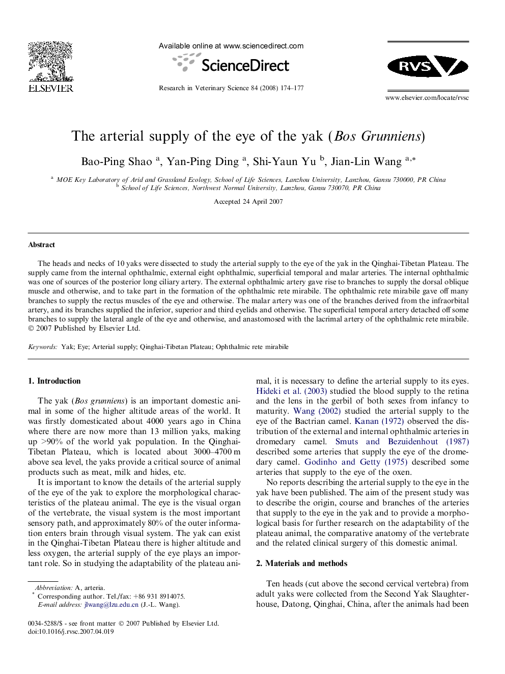 The arterial supply of the eye of the yak (Bos Grunniens)