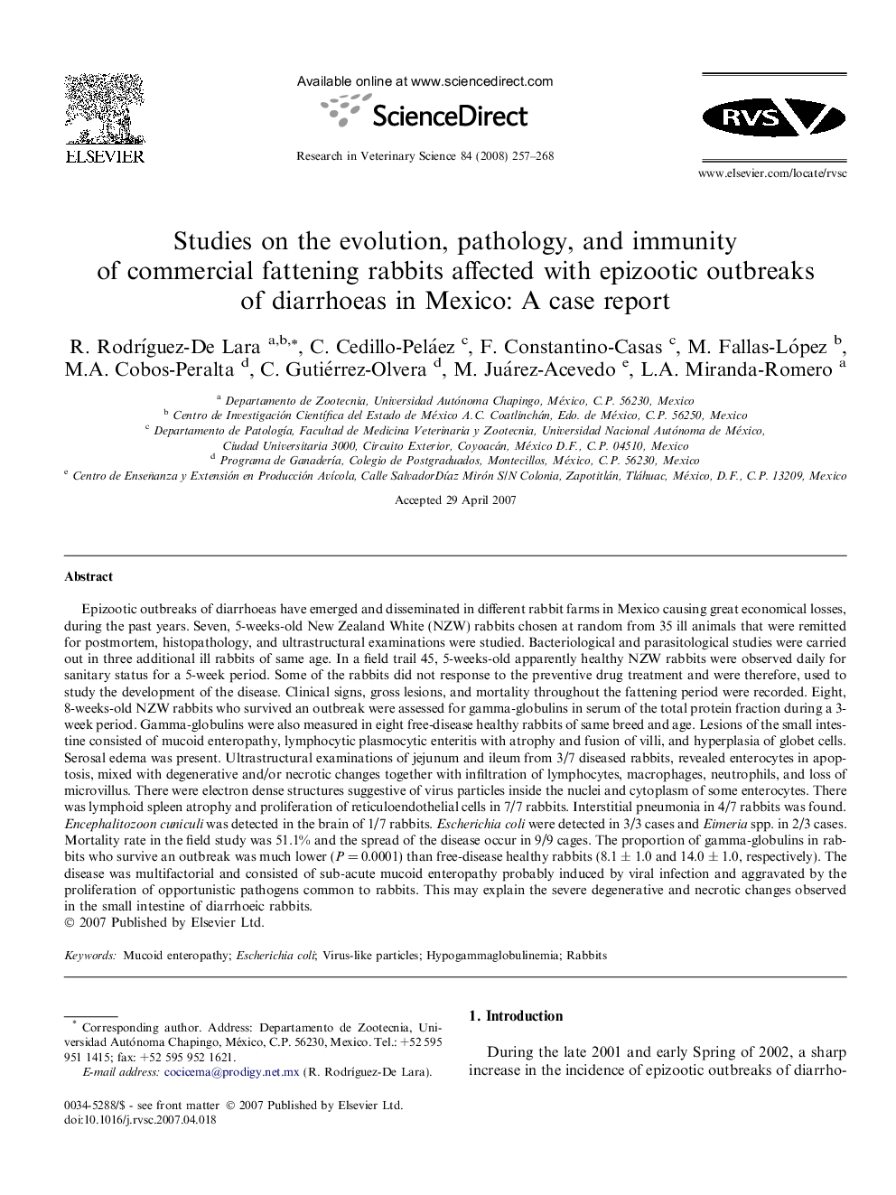 Studies on the evolution, pathology, and immunity of commercial fattening rabbits affected with epizootic outbreaks of diarrhoeas in Mexico: A case report