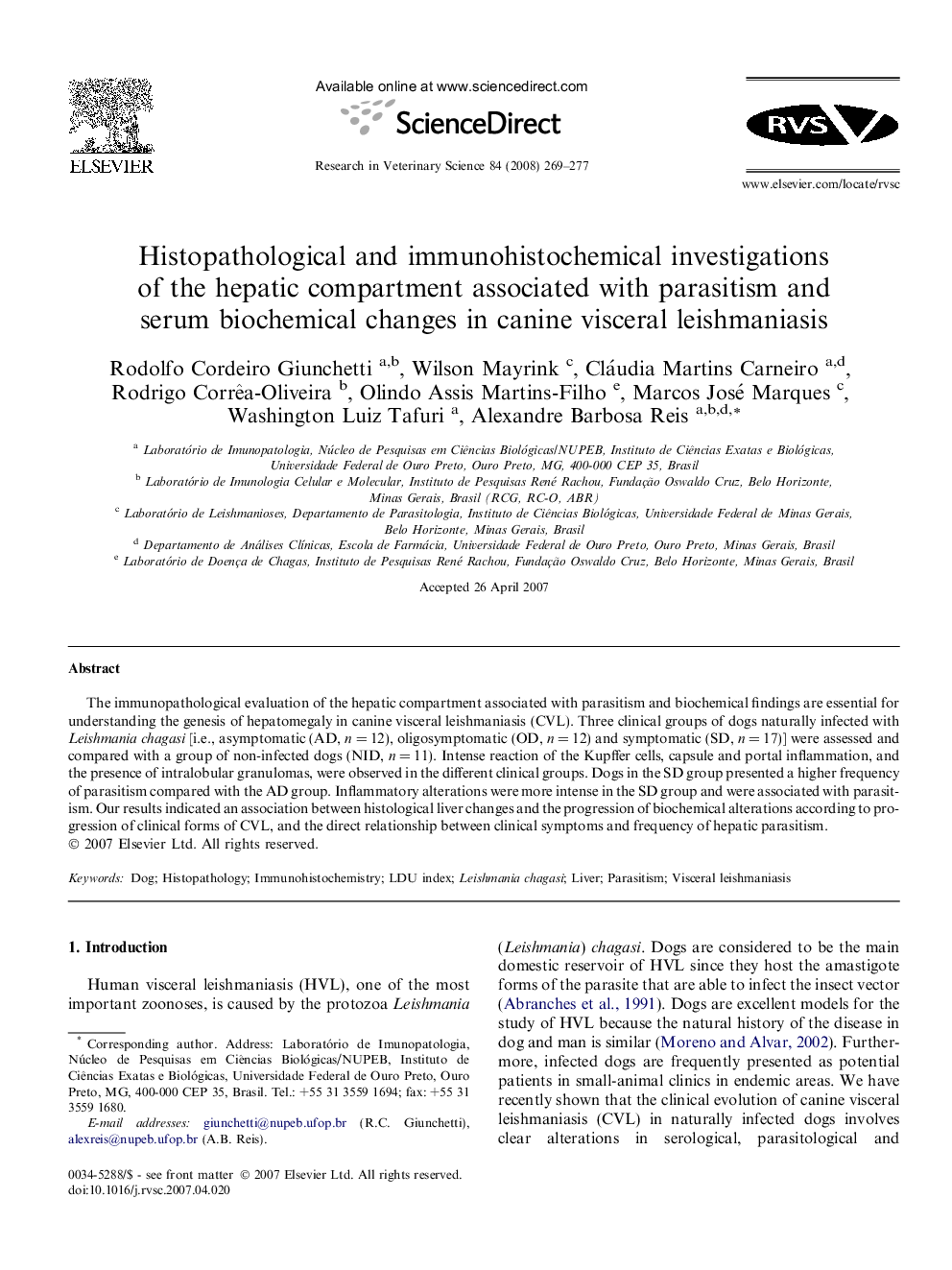 Histopathological and immunohistochemical investigations of the hepatic compartment associated with parasitism and serum biochemical changes in canine visceral leishmaniasis